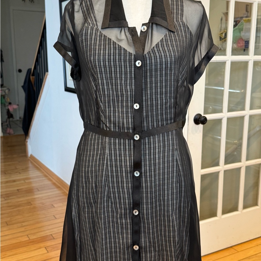 Black Sheer-Overlay Mini Shirt Dress with Plaid  Slip